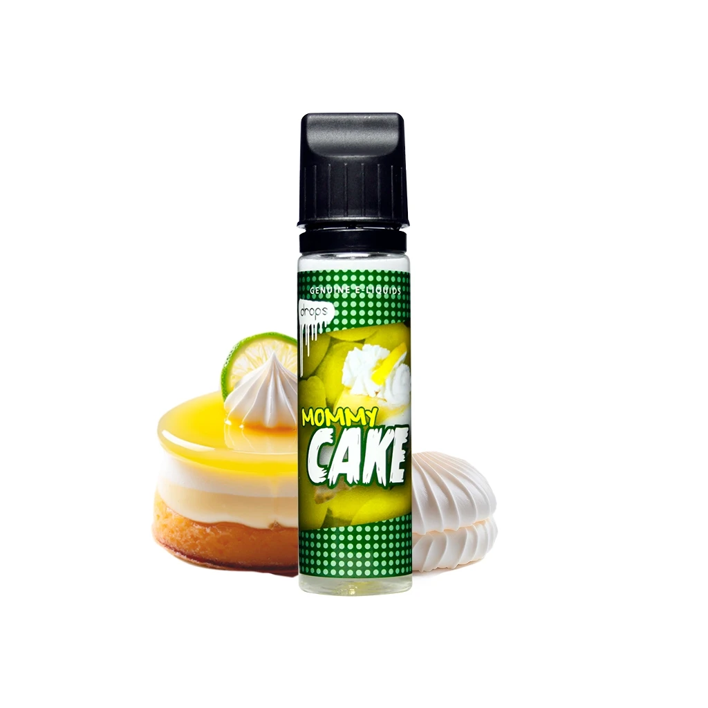 Frasco Drops Mommy Cake Longfill con tapón negro y etiqueta verde, acompañado de una tarta amarilla, una rodaja de cítrico y merengues blancos.