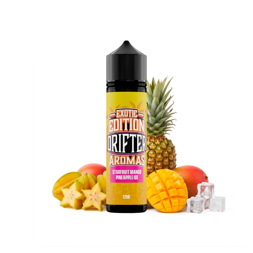 Frasco Drifter Exotic Starfruit Mango Pineapple Ice de 12 ml, con etiqueta amarilla, rodeado de carambola, mango, piña y cubitos de hielo.