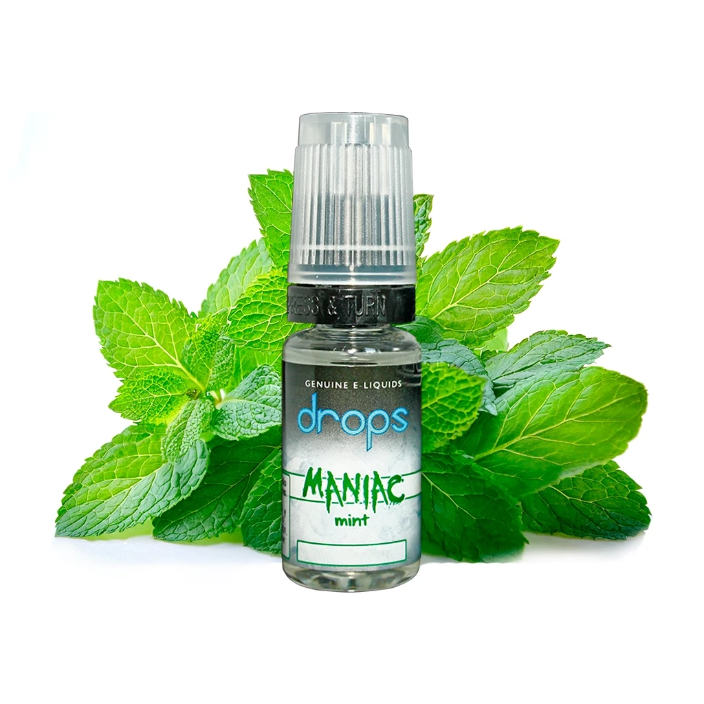 Frasco transparente Drops Maniac Mint con tapón estriado translúcido y etiqueta negra, blanca y verde, delante de hojas de menta.