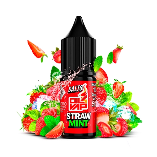 Frasco Oil4Vap Salts Straw Mint con tapón negro y etiqueta roja, rodeado de fresas, hojas de menta, hielo y salpicaduras ilustradas.