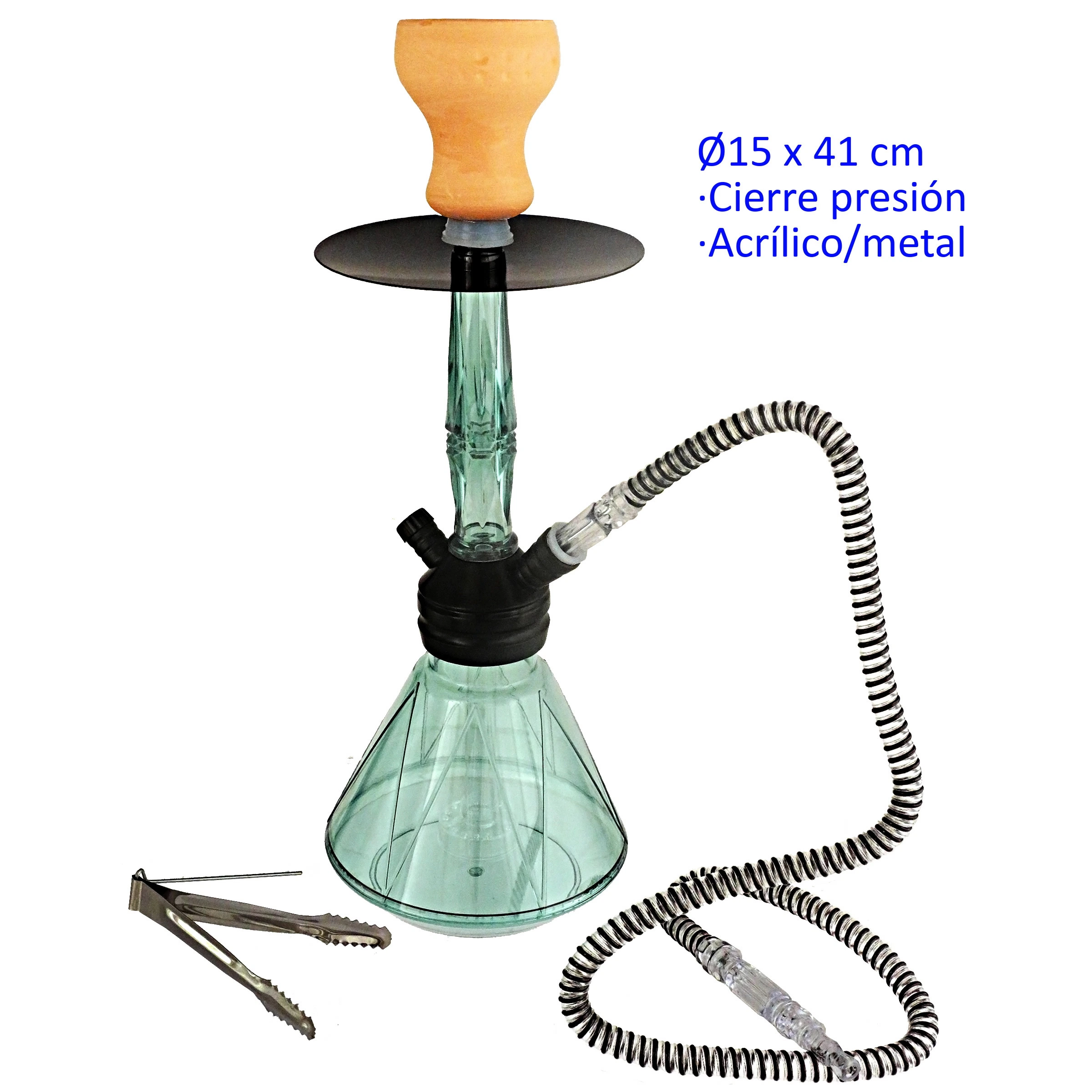 Shisha de 41 cm con base translúcida verde, cazoleta naranja, plato negro y manguera a rayas, acompañada de pinzas.