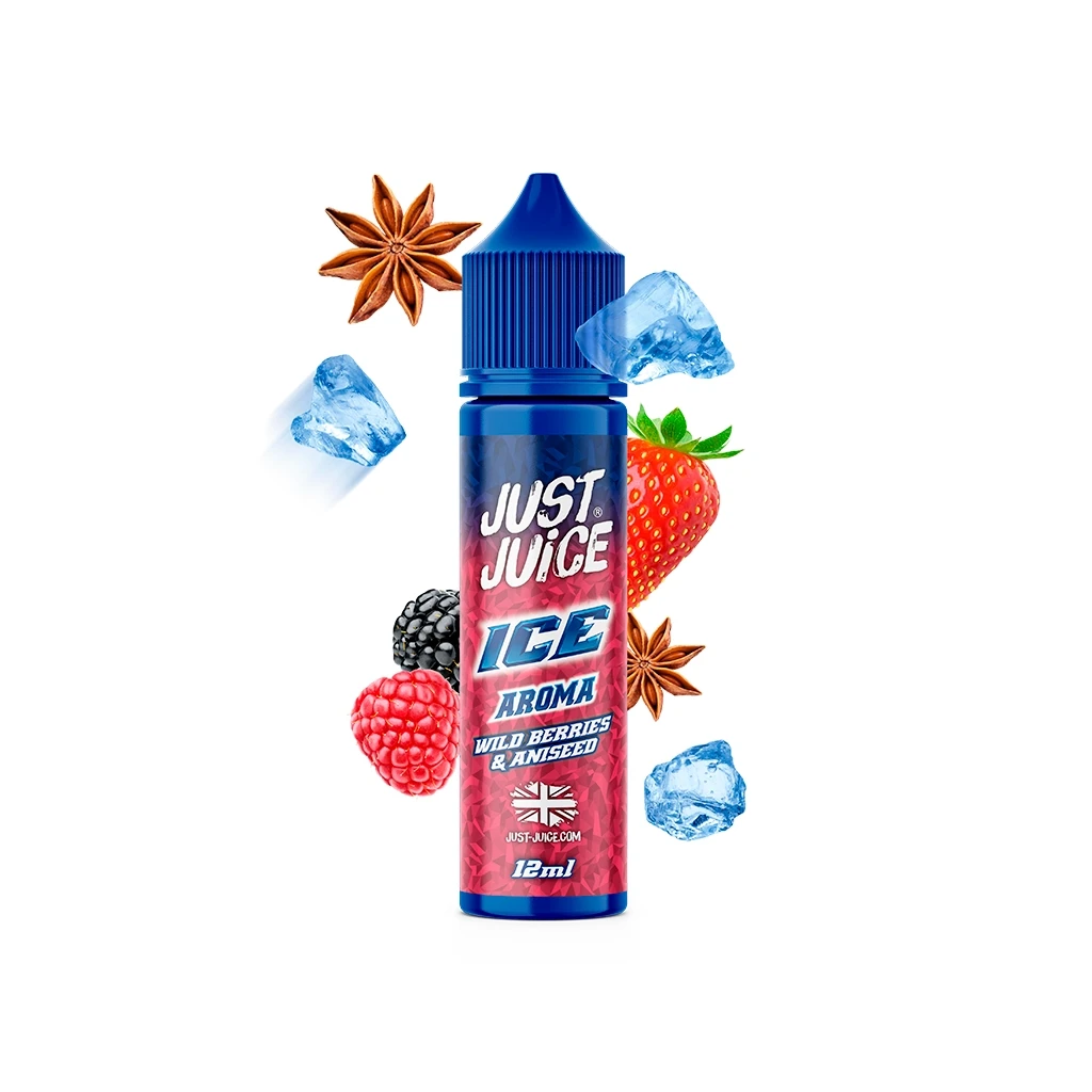 Frasco Just Juice Ice Wild Berries Aniseed de 12 ml con tapón azul, rodeado de frutos rojos, anís estrellado y cubitos azules.