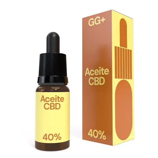 Aceite CBD GG+ al 40 % en frasco ámbar con cuentagotas negro y etiqueta amarilla, junto a su caja naranja y amarilla.
