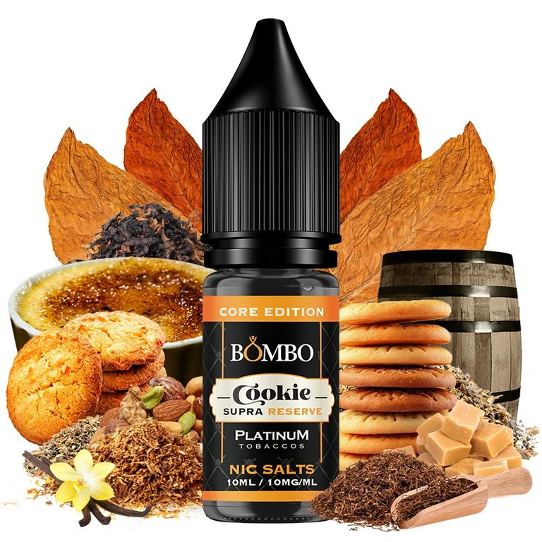 Frasco Cookie Supra Reserve Core Edition de Bombo, rodeado de galletas, hojas de tabaco, un barril y dados de caramelo.