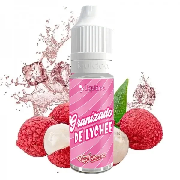 Frasco de Granizado de Lychee Liquideo con etiqueta rosa y tapón blanco, rodeado de lichis, hielo y salpicaduras rosadas.