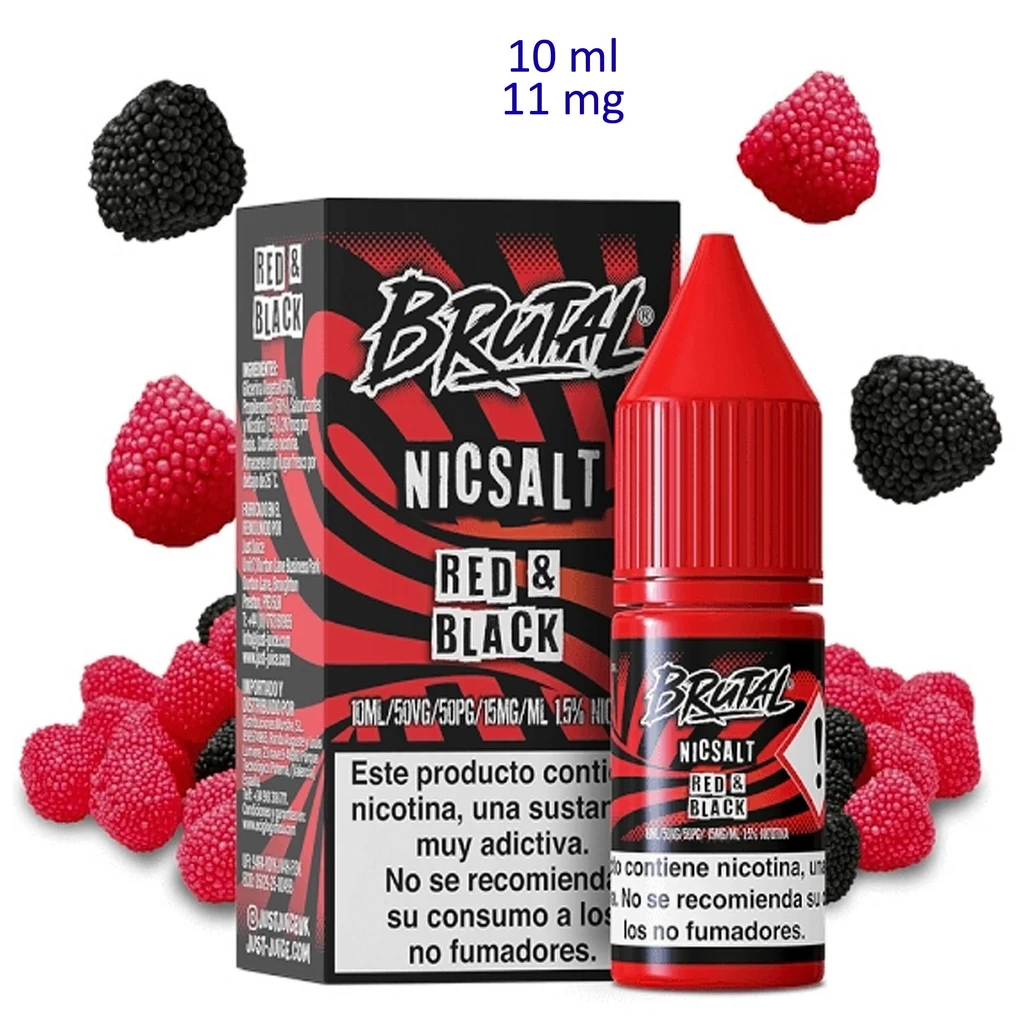 Frasco y caja de Brutal Salt Red & Black entre frutos rojos y moras; el rótulo superior indica 10 ml y 11 mg.