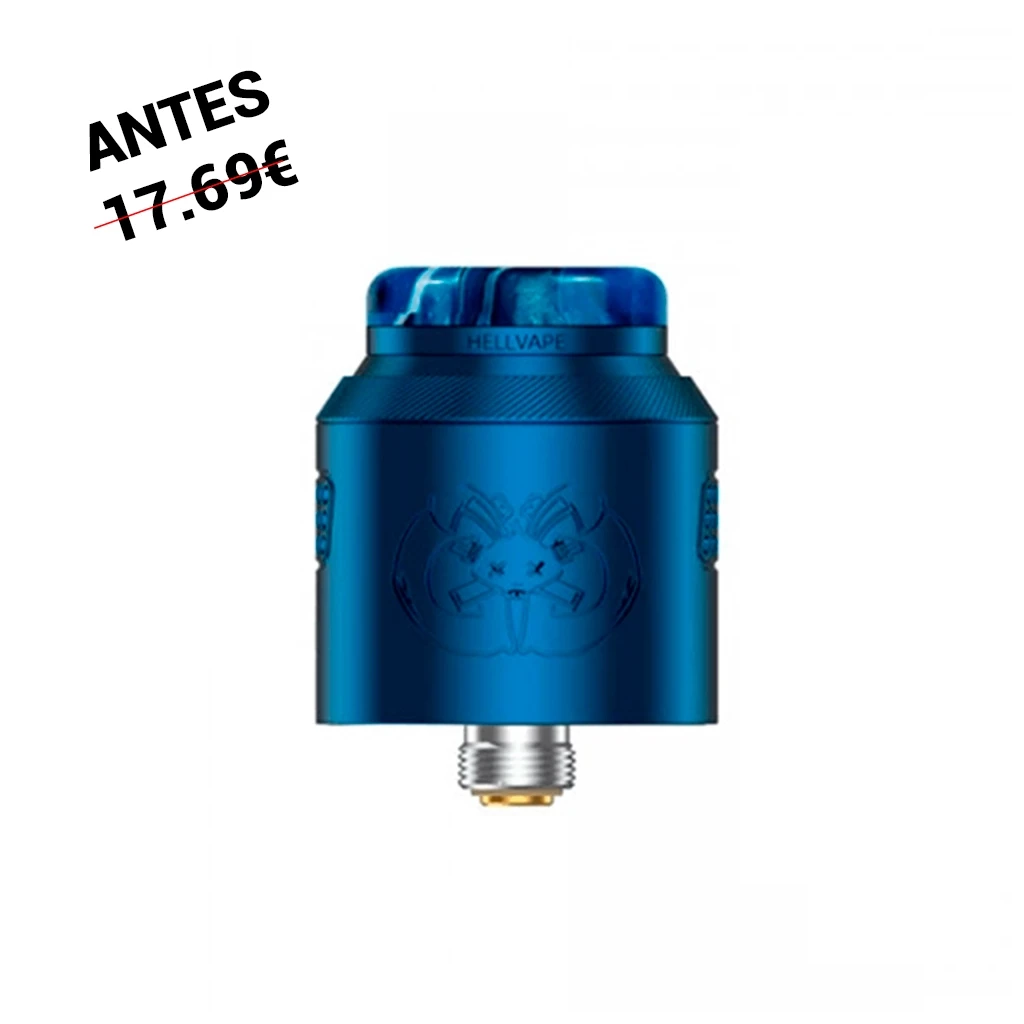 Atomizador Hellvape Drop Dead 2 RDA azul, visto de frente, con boquilla veteada, emblema grabado y conector inferior visible.