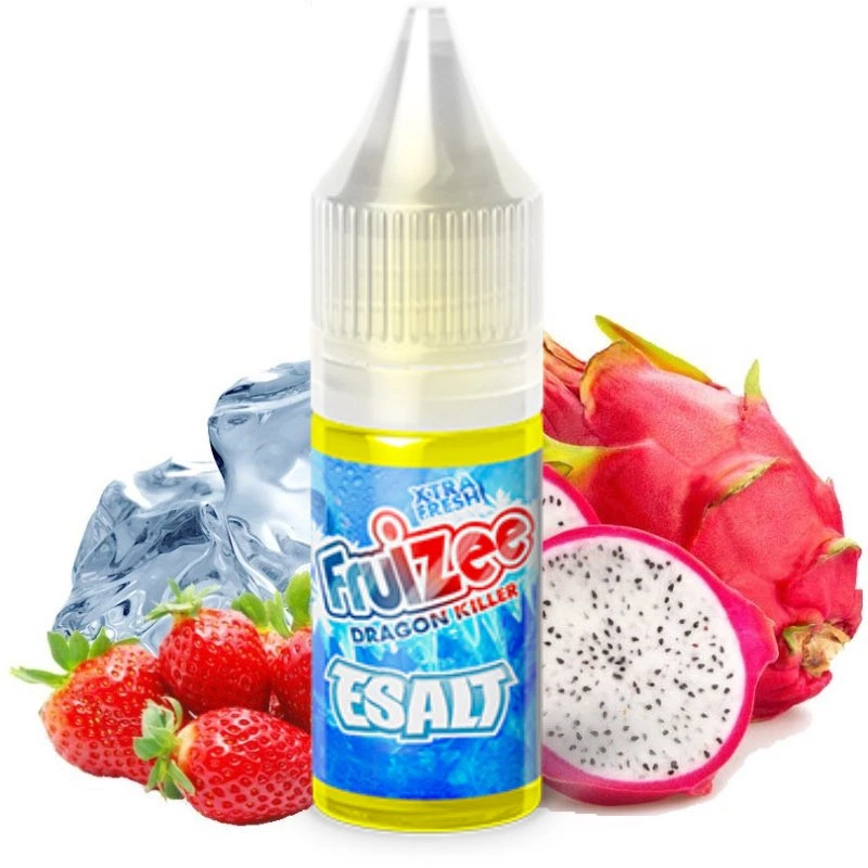 Frasco de Eliquid France Dragon Killer con etiqueta azul y tapón blanco, rodeado de fresas, pitaya cortada y cubitos de hielo.
