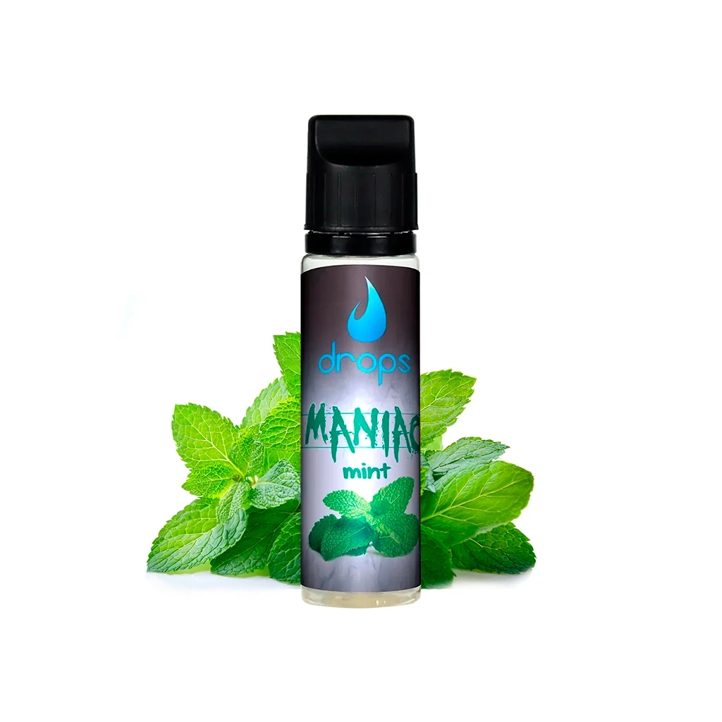 Frasco Drops Maniac Mint con tapón negro y etiqueta gris con letras verdes y símbolo azul, rodeado de hojas de menta.