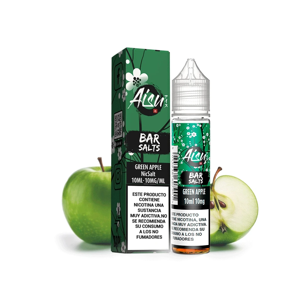 Frasco de Aisu Bar Salts Green Apple de 10 ml con caja verde, advertencia de nicotina y manzanas verdes al fondo.