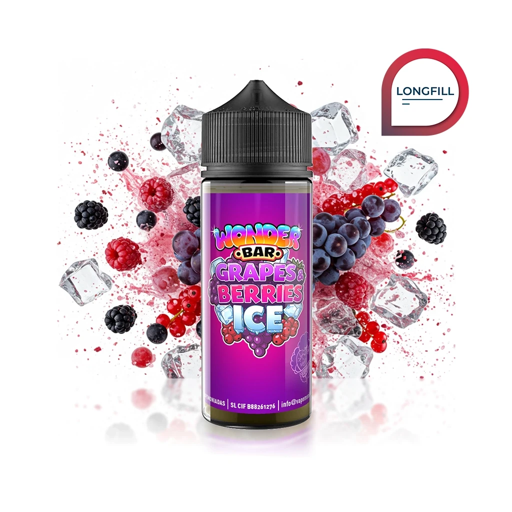 Frasco Wonder Bar Grapes & Berries Ice con etiqueta morada y tapón negro, rodeado de uvas, frutos rojos y cubitos de hielo.