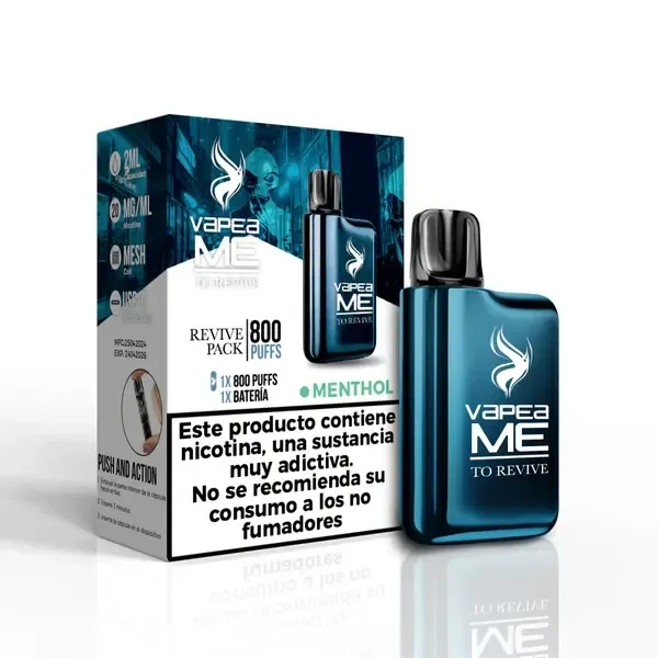 Vapeador To Revive azul con boquilla negra junto a su caja, rotulada Menthol, 20 mg/ml y 800 puffs, con advertencia de nicotina.