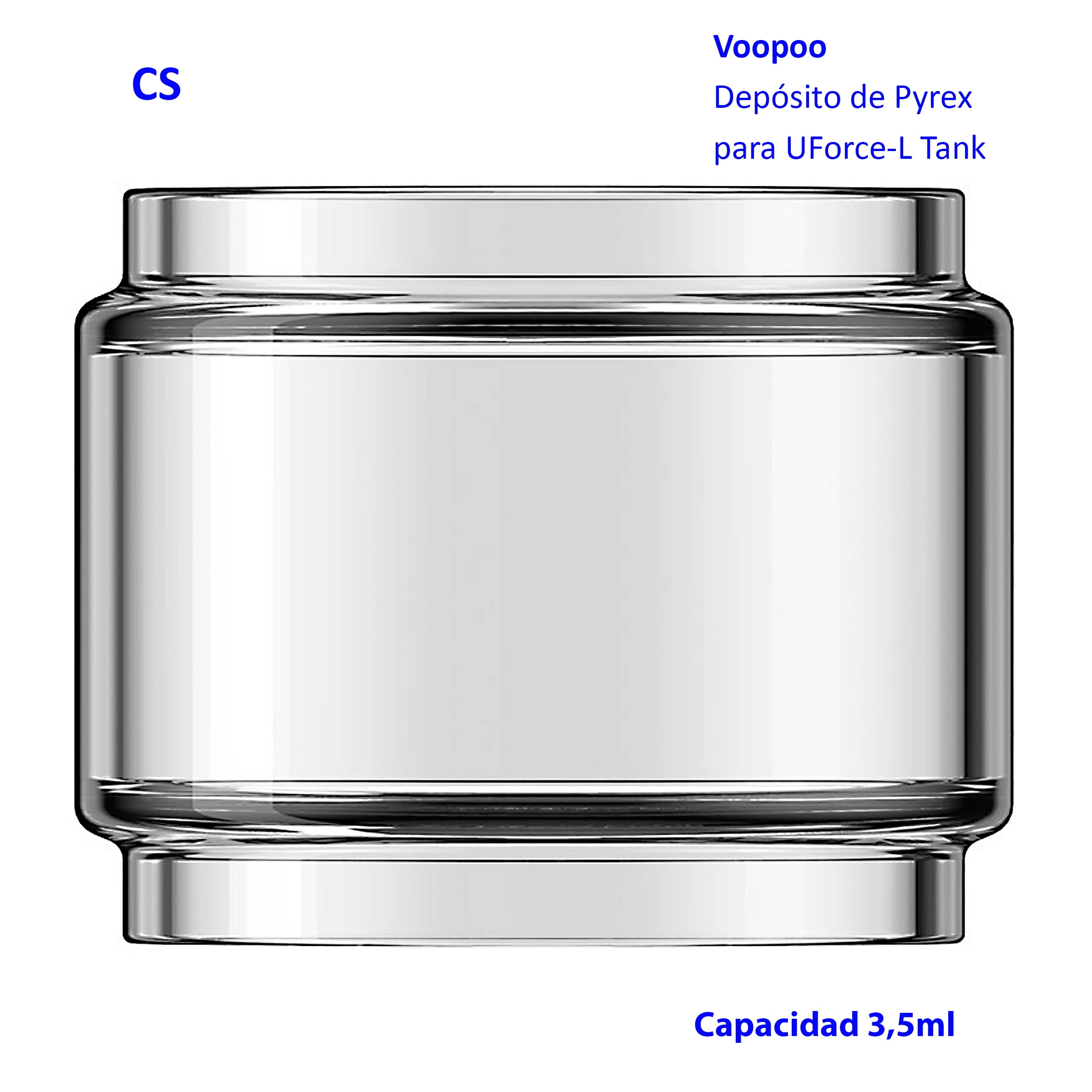 Depósito transparente de Pyrex para Uforce-L Tank Voopoo, con cuerpo ensanchado y capacidad indicada de 3,5 ml.