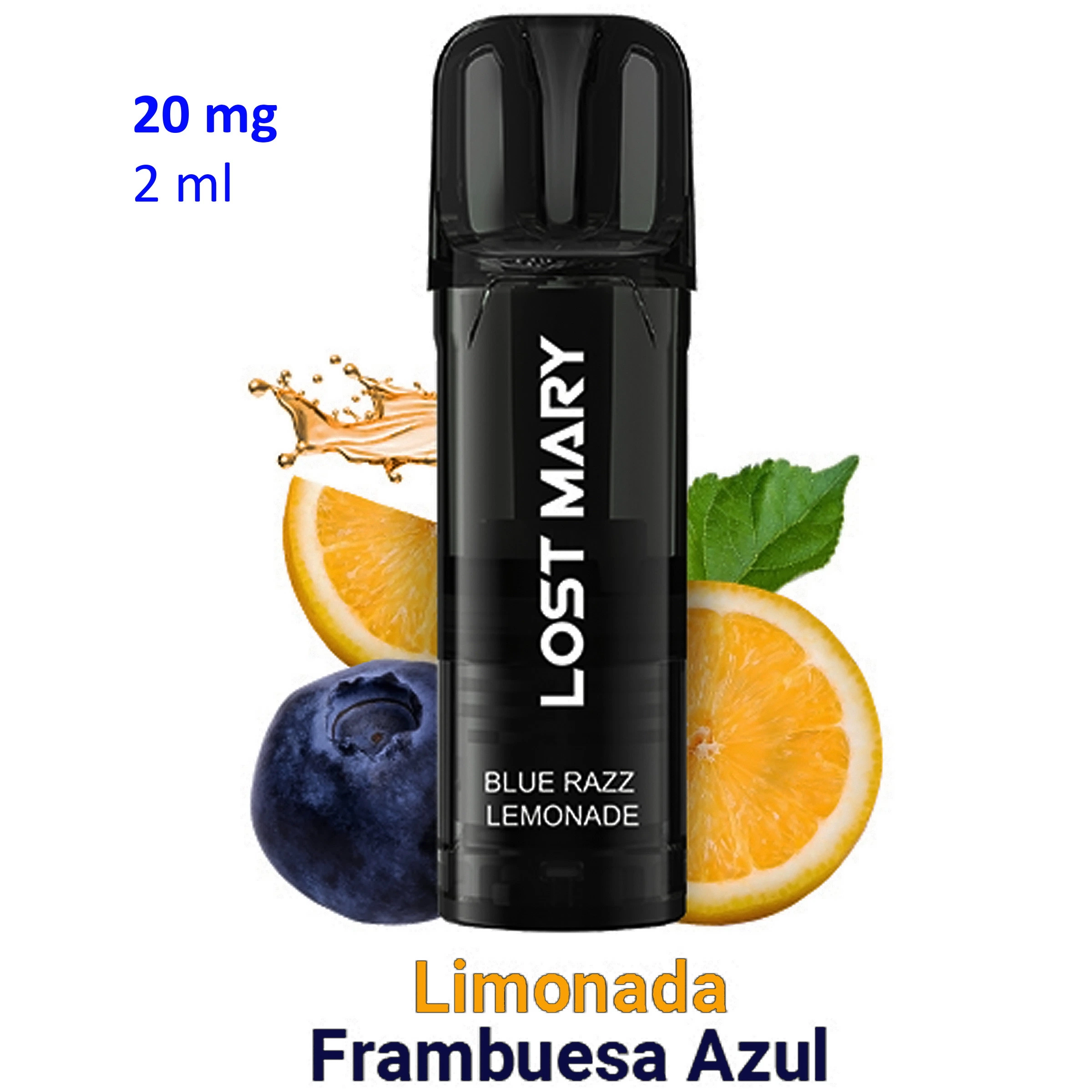 Pod negro Lost Mary Blue Razz Lemonade con indicaciones de 20 mg y 2 ml, rodeado de ilustraciones de cítricos y una baya azul.