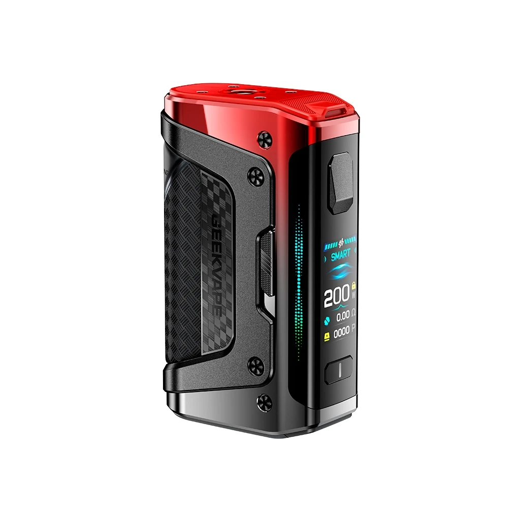 Mod Geekvape Aegis Legend 5 rojo y negro, visto en tres cuartos, con panel lateral texturizado y pantalla que muestra 200 W.