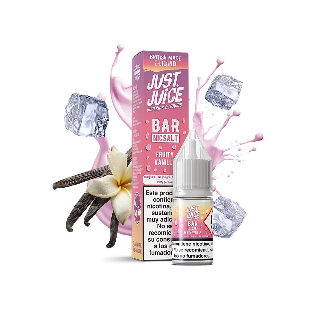 Frasco y caja rosa de Just Juice Bar Salts Fruity Vanilla, con advertencia de nicotina, rodeados de vainas, una flor y cubitos de hielo.