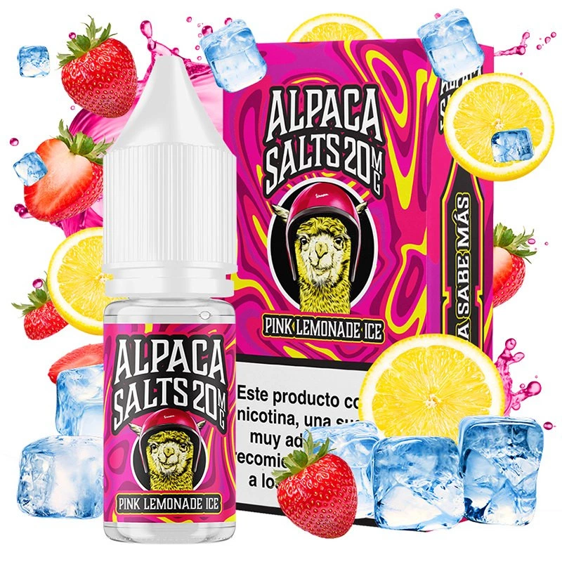 Frasco y caja de Pink Lemonade Ice de Alpaca Salts, con diseño rosa y amarillo, rodeados de fresas, limones y cubitos de hielo.
