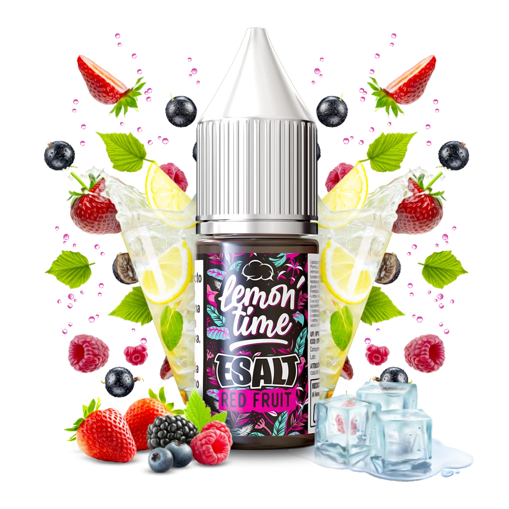 Frasco Lemon Time E-salt Red Fruit con tapón blanco, rodeado de frutos rojos, limones, vasos con hielo y cubitos sobre fondo negro.