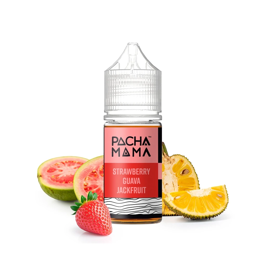 Frasco Pachamama Strawberry Guava Jackfruit con tapón transparente y etiqueta rosa, rodeado de fresa, guayaba y yaca cortadas.