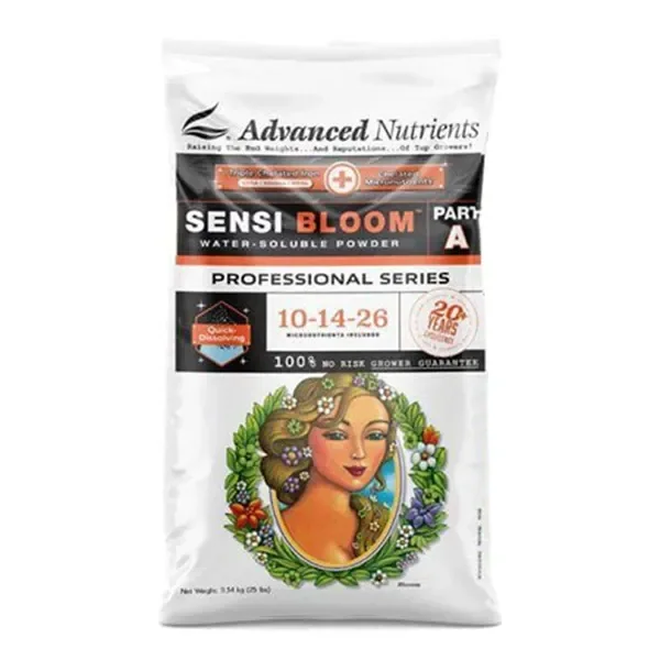 Bolsa blanca de Advanced Nutrients Sensi Bloom Part A, con fórmula 10-14-26 y una ilustración femenina rodeada de flores.