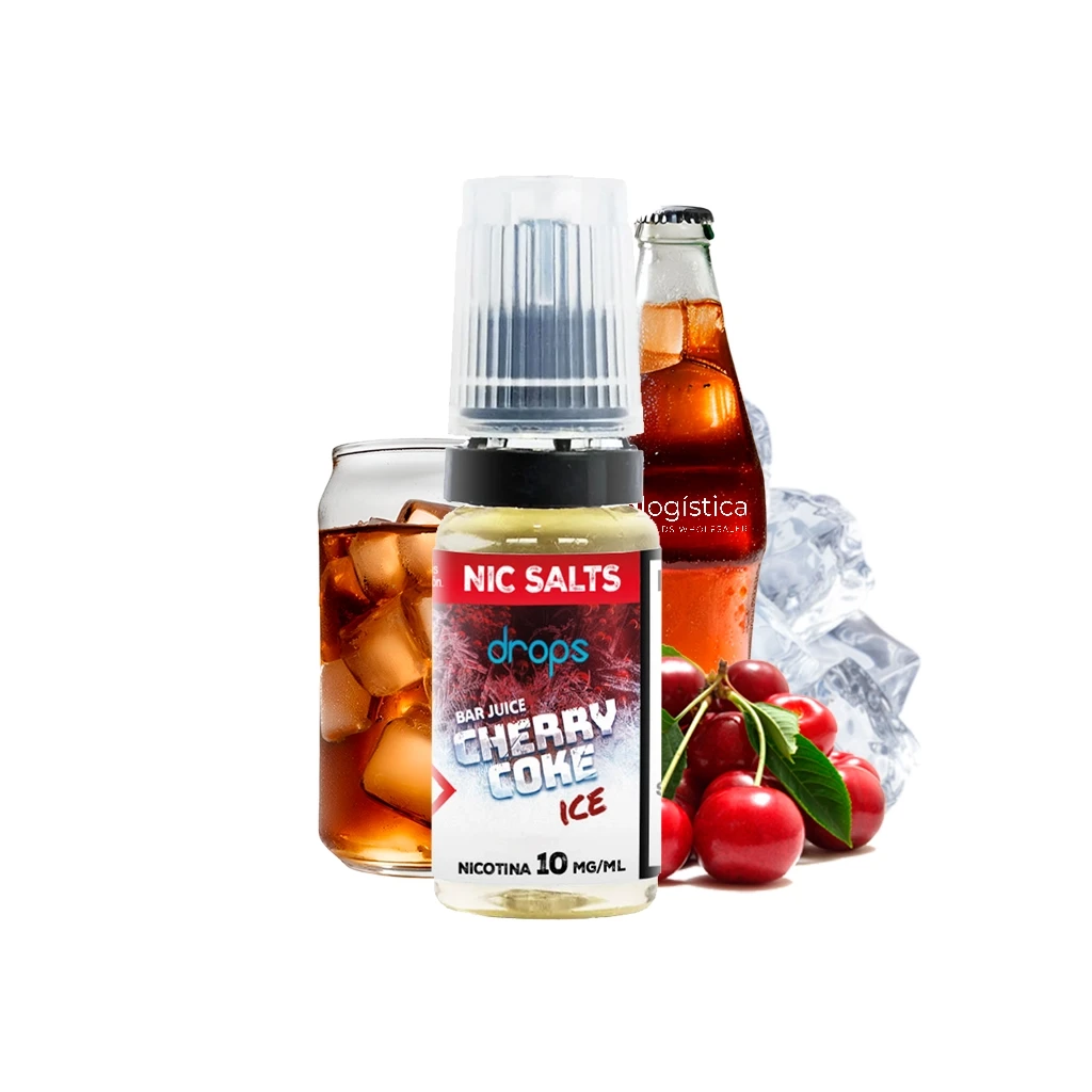 Frasco Drops Bar Juice Cherry Coke Ice de 10 mg/ml, delante de un vaso de cola con hielo, una botella y cerezas.