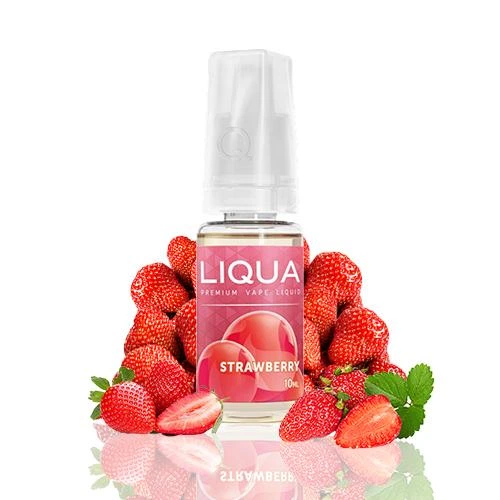 Frasco de e-líquido Liqua Strawberry de 10 ml con etiqueta roja y tapón translúcido, rodeado de fresas enteras y cortadas.