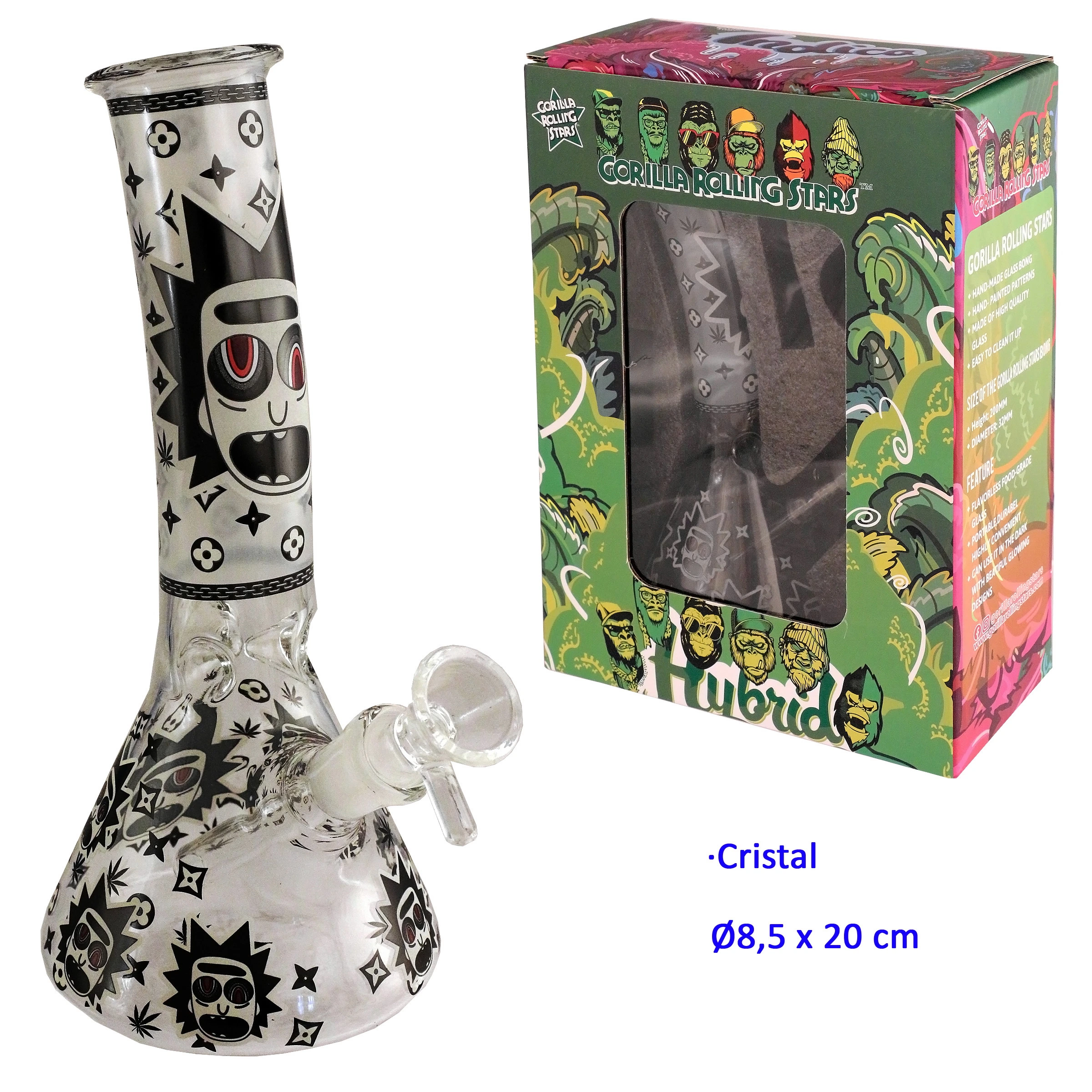 Bong de cristal con base ancha, cazoleta lateral y dibujos negros de caras y símbolos, junto a su caja Gorilla Rolling Stars.