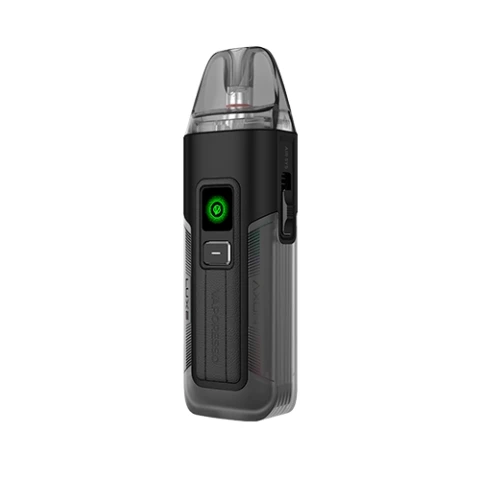 Vaporesso Luxe X2 Pod Kit negro, visto en perspectiva, con boquilla translúcida, indicador verde frontal y control lateral.