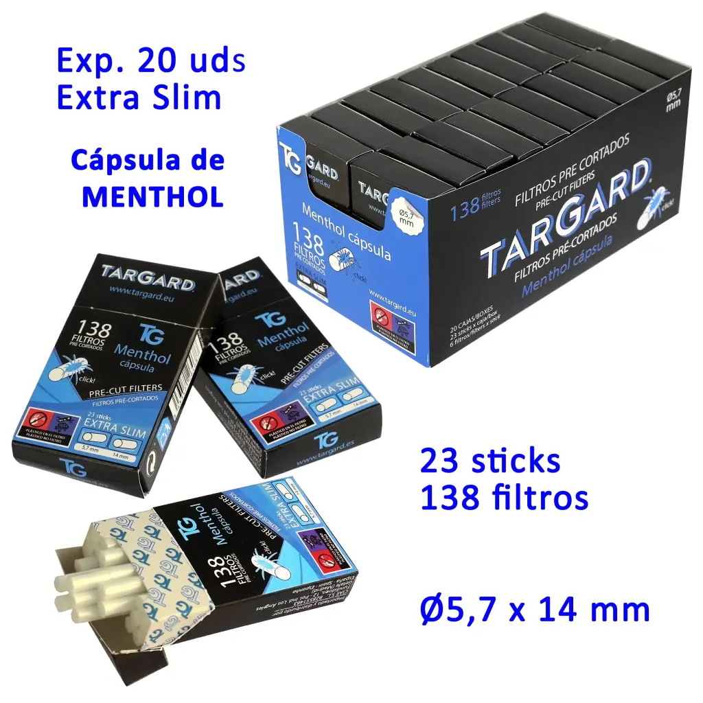 Filtros precortados TG Extra Slim Cápsula Menthol en expositor y cajas negras y azules, una abierta con los filtros visibles.