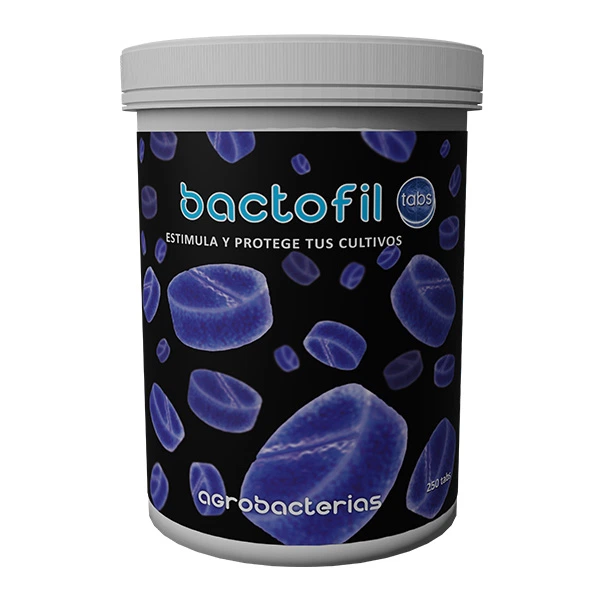 Bote de Bactofil Tabs de Agrobacterias con tapa gris y etiqueta negra decorada con formas de pastillas violetas, sobre fondo blanco.