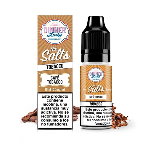 Frasco Dinner Lady Café Tobacco Nic Salt junto a su caja, con indicaciones de 10 ml y 20 mg/ml, granos de café y hojas de tabaco alrededor.