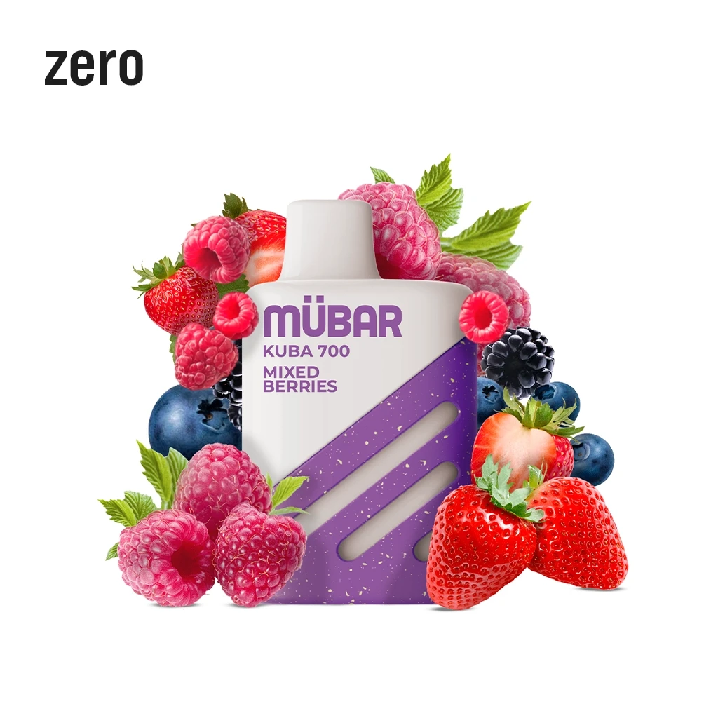 Vaper Mübar Kuba 700 Mixed Berries blanco y morado, rodeado de fresas, frambuesas, moras y arándanos, con el texto «zero».