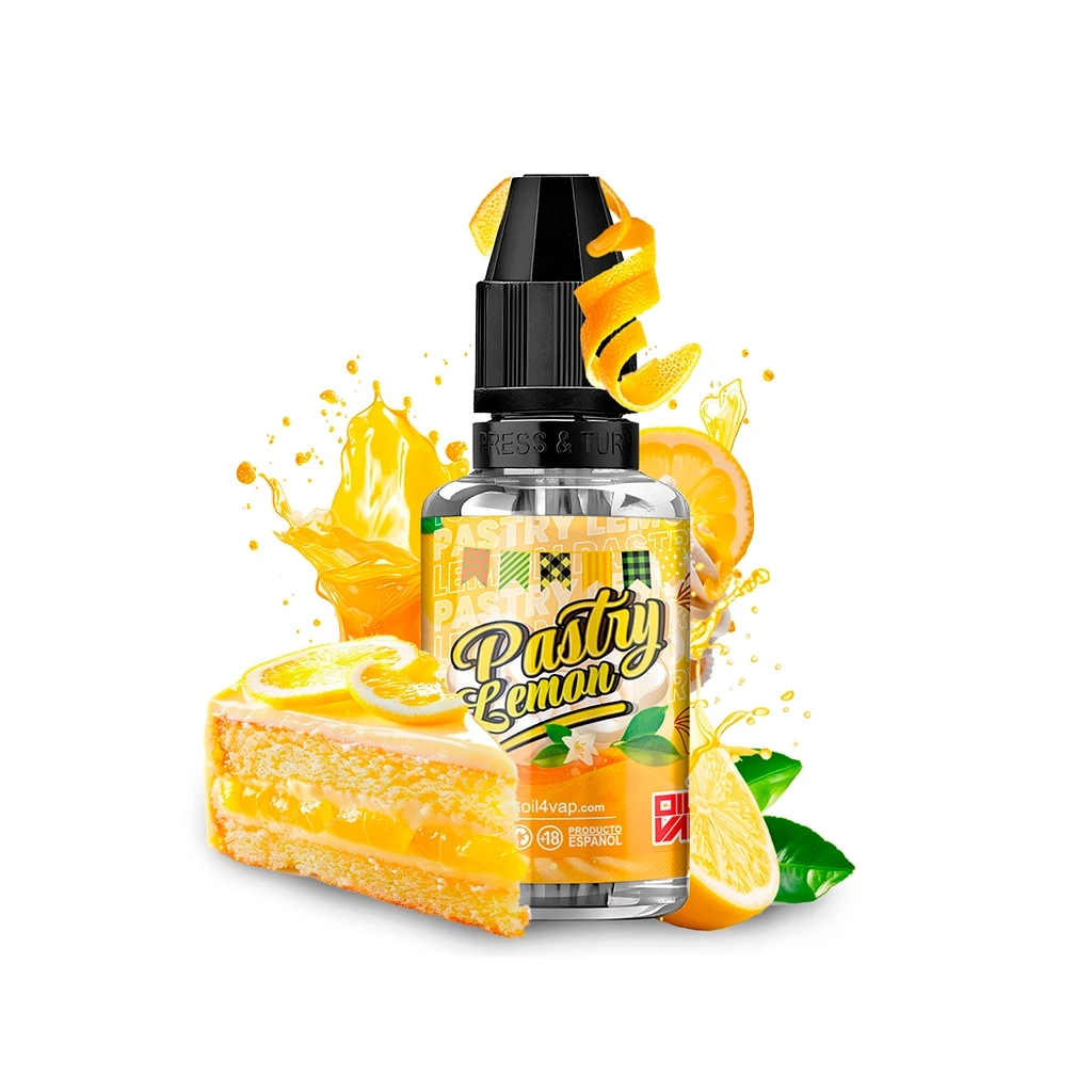 Frasco Oil4vap Pastry Lemon con tapón negro, rodeado de limones, una porción de tarta y salpicaduras amarillas sobre fondo blanco.
