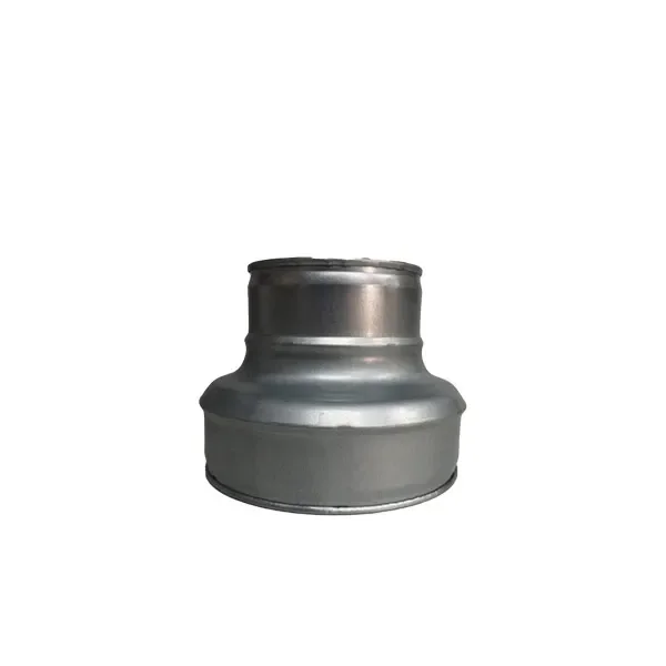Reducción para tubo de ventilación MiHa, de acabado metálico gris, con boca superior estrecha y base circular más ancha sobre fondo blanco. Reducción para tubo de ventilación MiHa, de acabado metálico gris, con boca superior estrecha y base circular más ancha sobre fondo blanco.