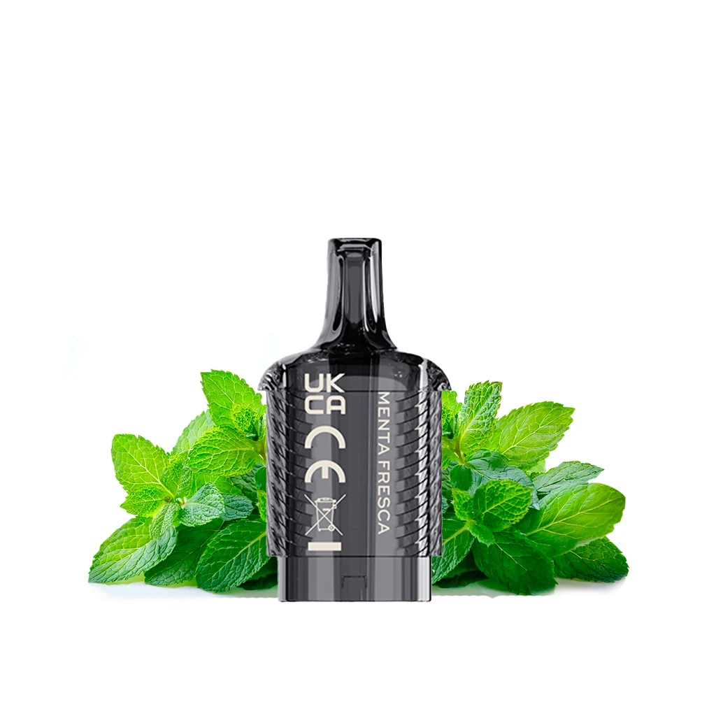 Pod negro Vozol Vista Plug Fresh Mint con boquilla superior y texto «Menta fresca», rodeado de hojas de menta sobre fondo blanco. Pod negro Vozol Vista Plug Fresh Mint con boquilla superior y texto «Menta fresca», rodeado de hojas de menta sobre fondo blanco.