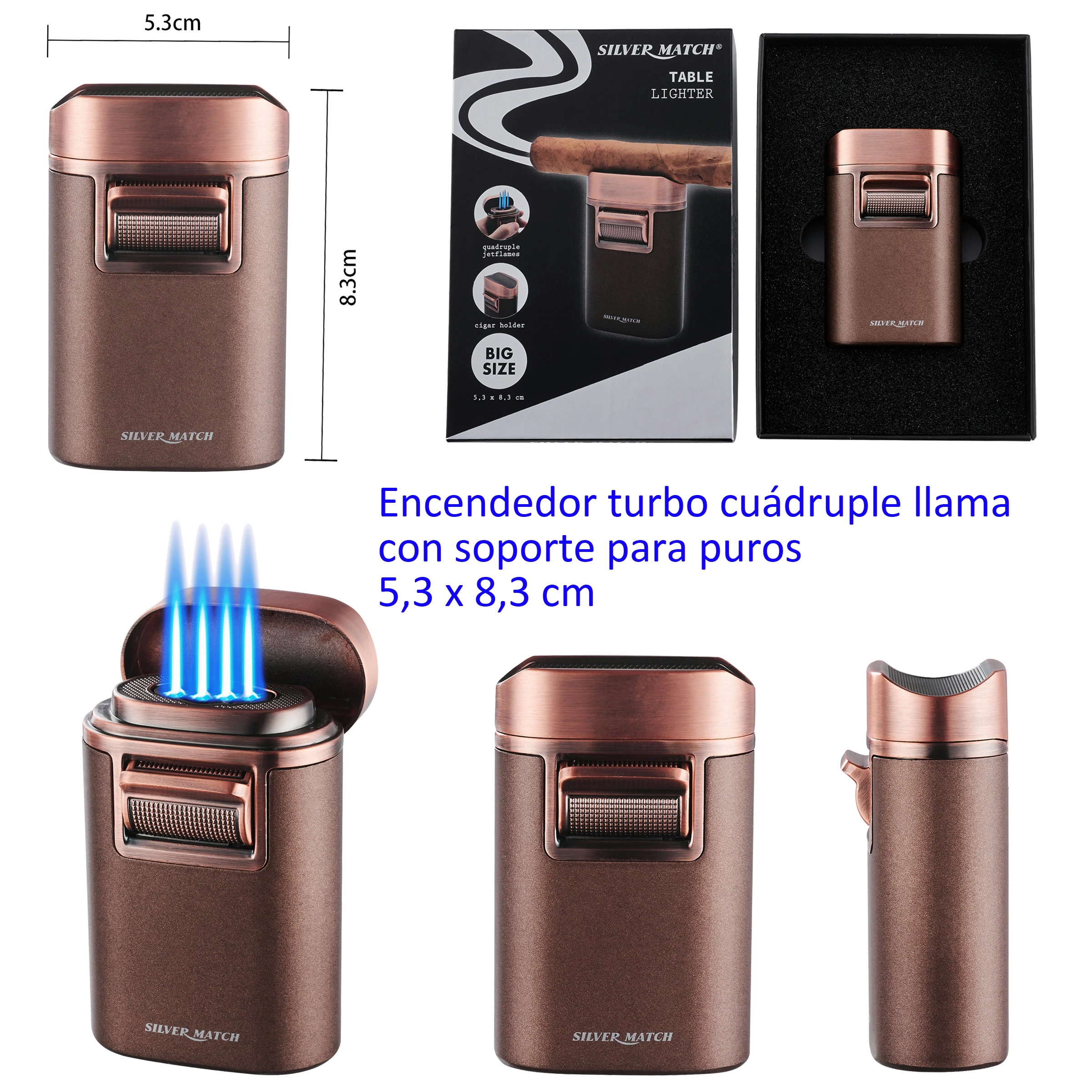 Encendedor Silver Match Monaco de tono cobrizo, mostrado cerrado, con llamas azules, soporte para puros y estuche.