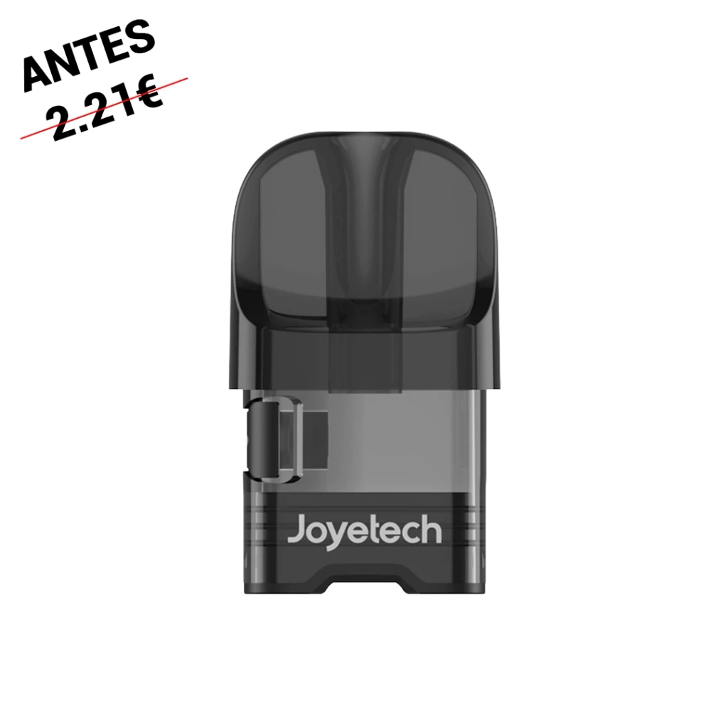 Cartucho Joyetech Evio Grip visto de frente, con boquilla negra redondeada, depósito translúcido y tapón lateral visible.