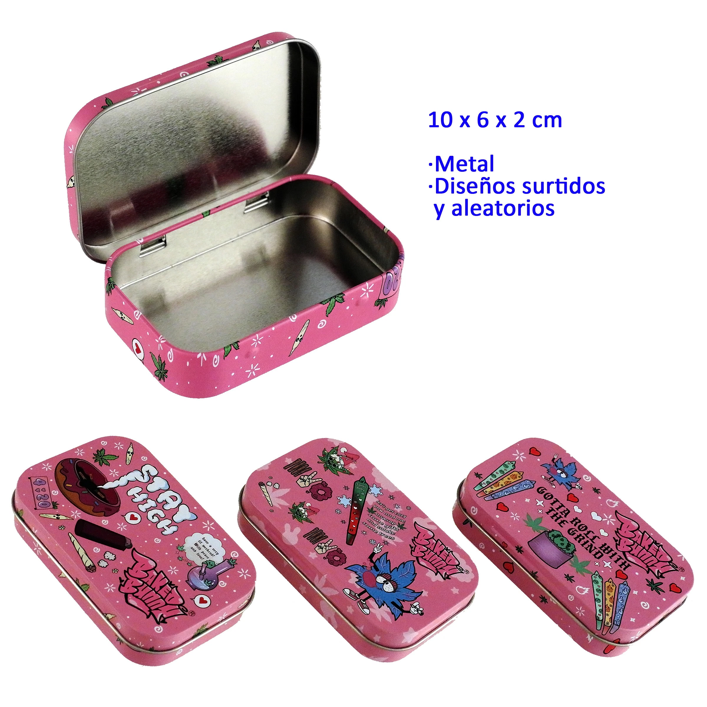 Selección de cajas metálicas rosas con distintos dibujos y textos; una aparece abierta y muestra el interior plateado.