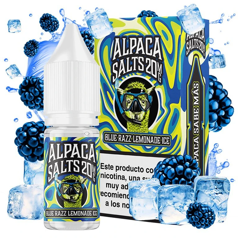 Frasco y caja de Blue Razz Lemonade Ice de Alpaca Salts, con diseño azul y amarillo, rodeados de frutos azules, hielo y salpicaduras.