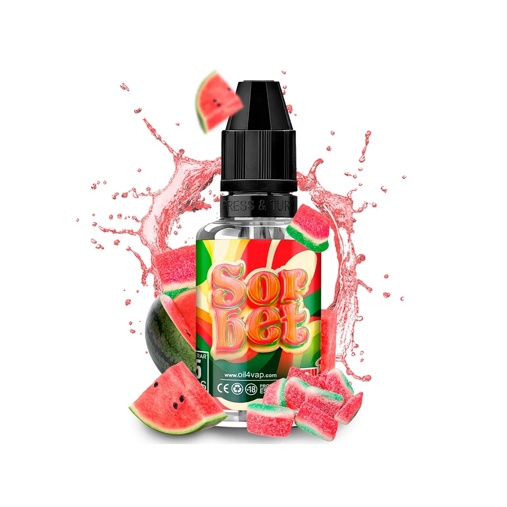Frasco Oil4vap Sorbet con tapón negro y etiqueta multicolor, rodeado de trozos de sandía, golosinas azucaradas y salpicaduras rojas.