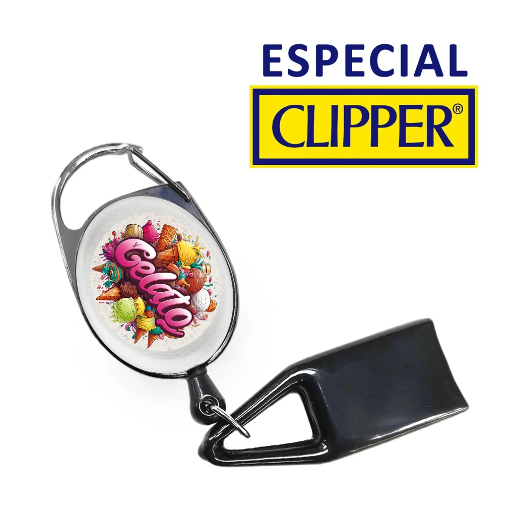 Llavero portamechero Gelato para Clipper con mosquetón, cuerpo ovalado con dibujo de helados y soporte negro unido por una anilla. Llavero portamechero Gelato para Clipper con mosquetón, cuerpo ovalado con dibujo de helados y soporte negro unido por una anilla.