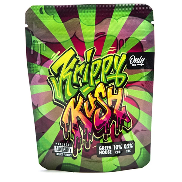 Bolsa de Krippy Kush Only CBD con diseño de rayos verdes, fondo multicolor y grandes letras de estilo grafiti.