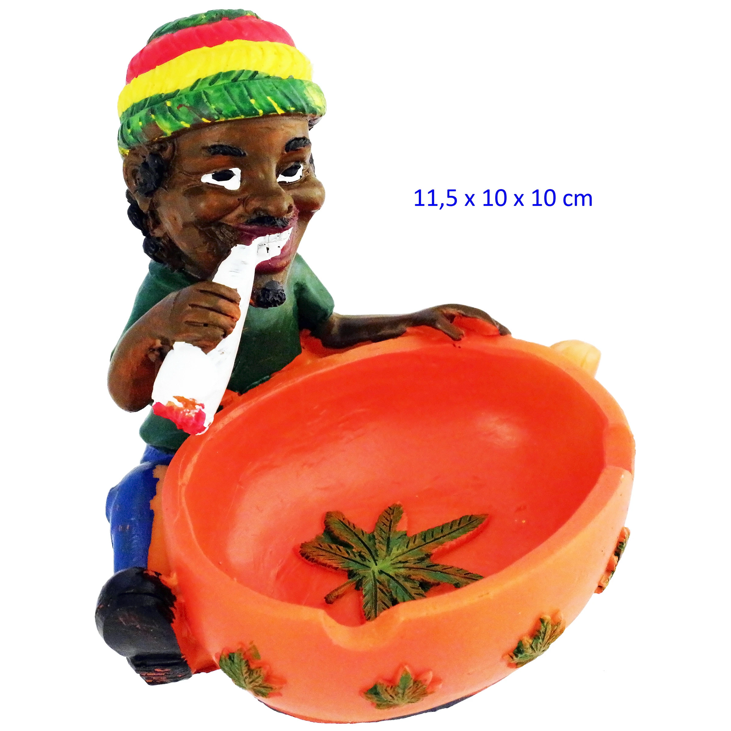 Cenicero de cuenco naranja con hojas de cannabis y figura sonriente con gorro verde, amarillo y rojo que sostiene un cigarrillo.