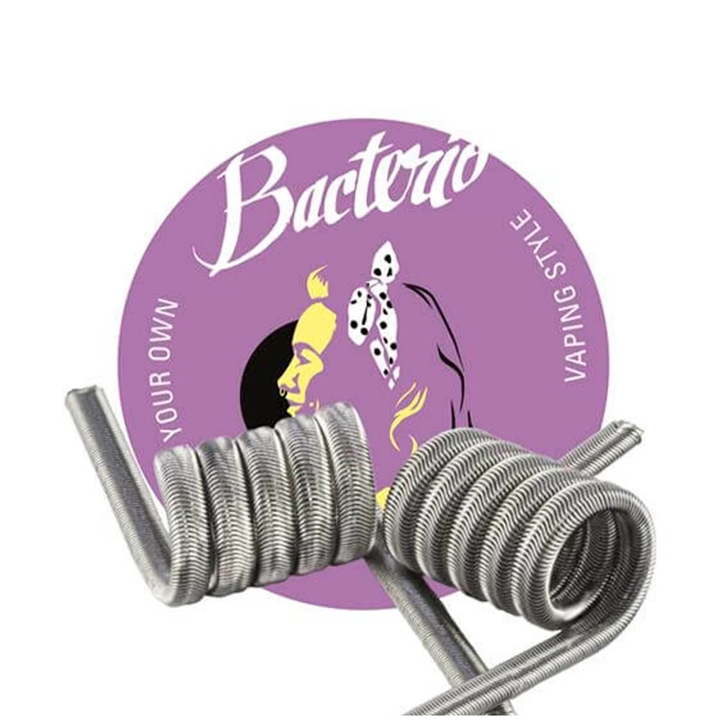 Resistencias Bacterio Coils con espiras plateadas y patillas alargadas, en primer plano sobre un distintivo circular morado de la marca.