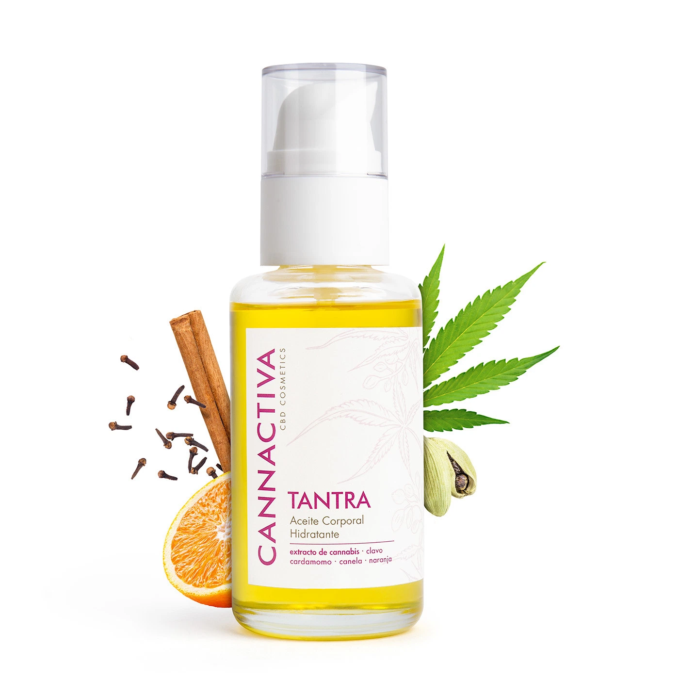 Frasco de aceite corporal Tantra de Cannactiva con dosificador blanco, rodeado de naranja, canela, clavo, cardamomo y hojas verdes.