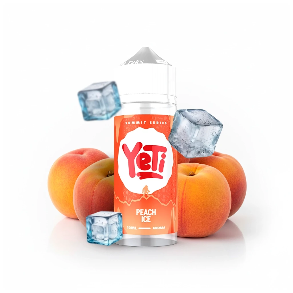 Botella Yeti Summit Series Peach Ice de 10 ml con etiqueta naranja y tapón blanco, rodeada de melocotones y cubitos de hielo.