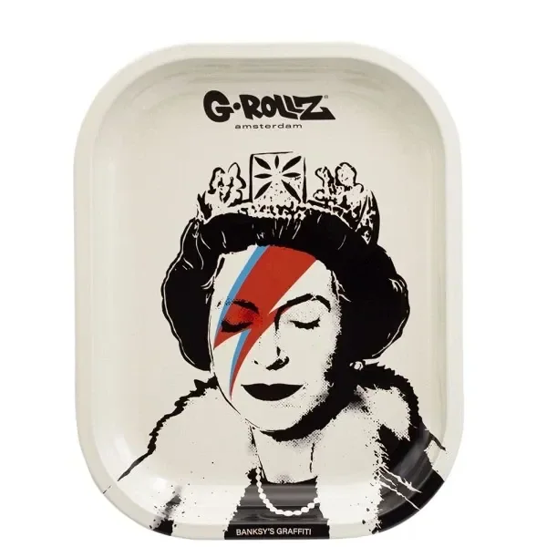 Bandeja G-Rollz Lizzie Stardust con fondo crema y retrato de una figura coronada con un rayo rojo y azul sobre el rostro.