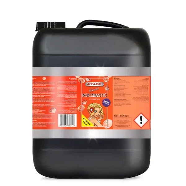Garrafa negra de Rokzbastic Atami con asa superior, tapón lateral y etiqueta naranja con un pictograma de exclamación.