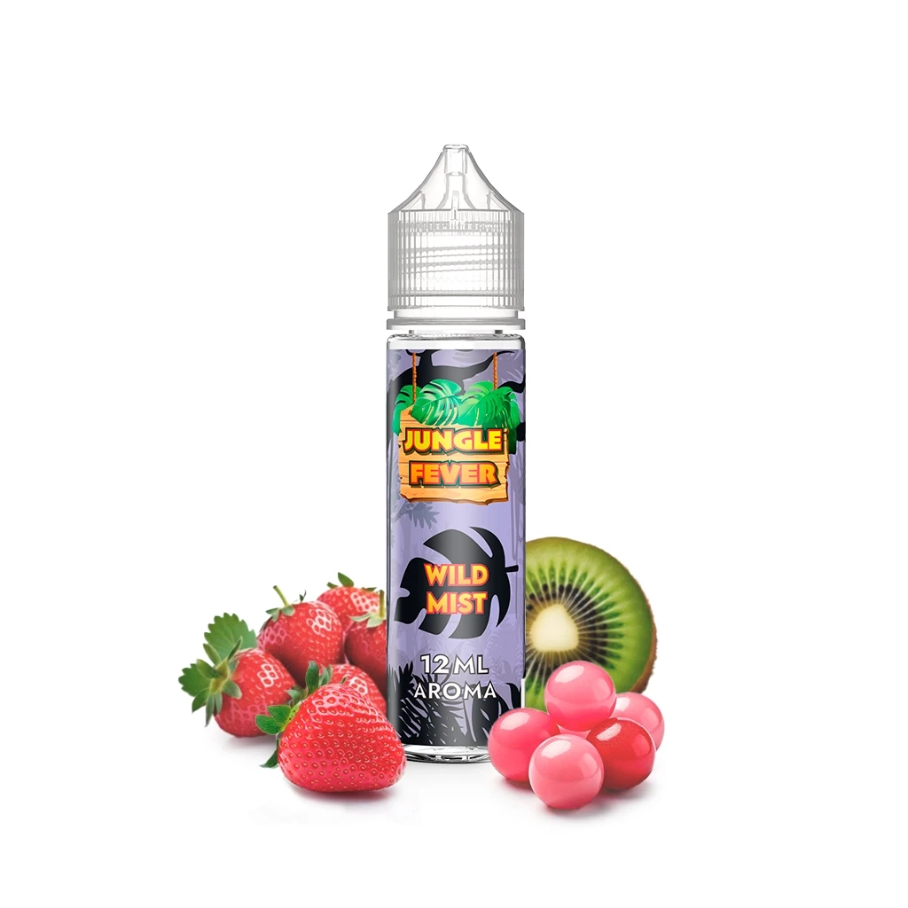 Botella Jungle Fever Wild Mist Longfill con etiqueta de 12 ml y tapón transparente, rodeada de fresas, medio kiwi y dulces rosas.