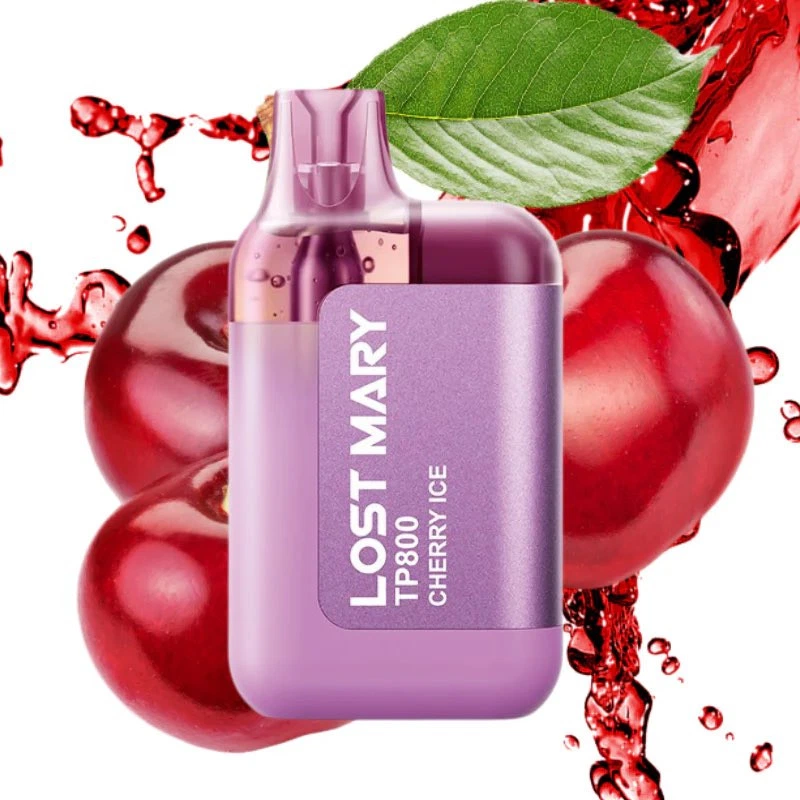 Vaper Lost Mary TP800 Cherry Ice de color lila, con boquilla translúcida, rodeado de cerezas, una hoja y salpicaduras rojas.